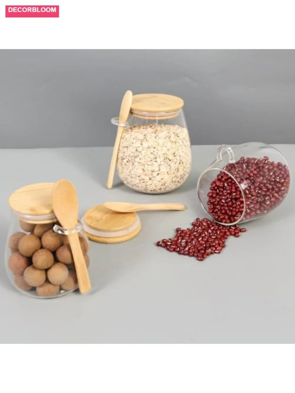 Glass Storage Jars with Bamboo Lids and Spoon - 16 oz Airtight Kitchen